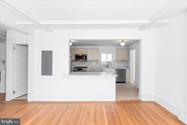 kitchen with light wood finished floors, electric panel, decorative backsplash, stainless steel appliances, and light countertops