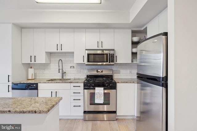 kitchen with light wood-style flooring, stainless steel appliances, a sink, white cabinetry, and tasteful backsplash