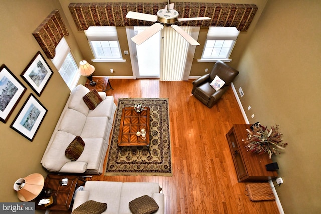 living room featuring a healthy amount of sunlight, baseboards, and wood finished floors