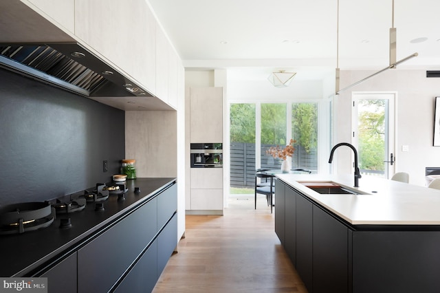 kitchen with light wood finished floors, modern cabinets, oven, range hood, and a sink