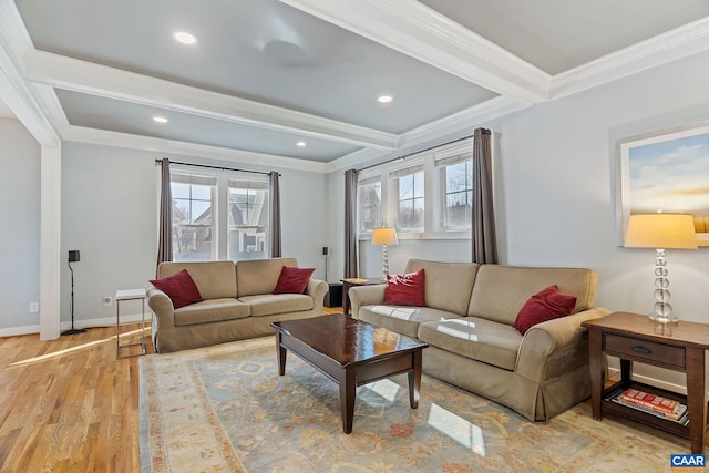 living room with light wood finished floors, baseboards, crown molding, beam ceiling, and recessed lighting