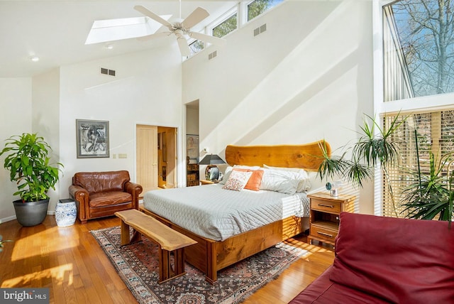 bedroom with a skylight, wood-type flooring, and visible vents