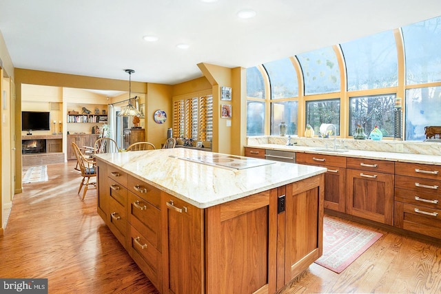 kitchen with light stone counters, light wood-style floors, a lit fireplace, dishwasher, and white electric stovetop