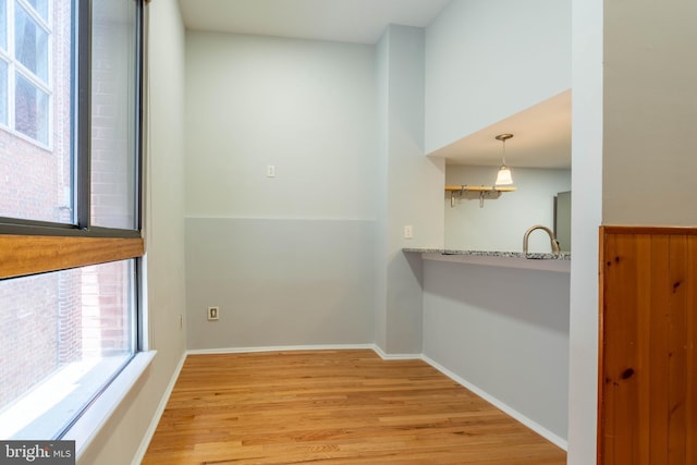 interior space featuring baseboards, a sink, and light wood finished floors