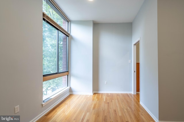 spare room featuring a healthy amount of sunlight, light wood-style flooring, and baseboards