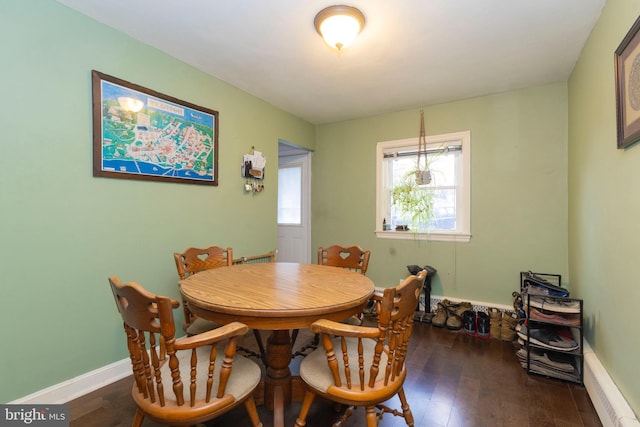 dining area featuring dark wood-style floors and baseboards