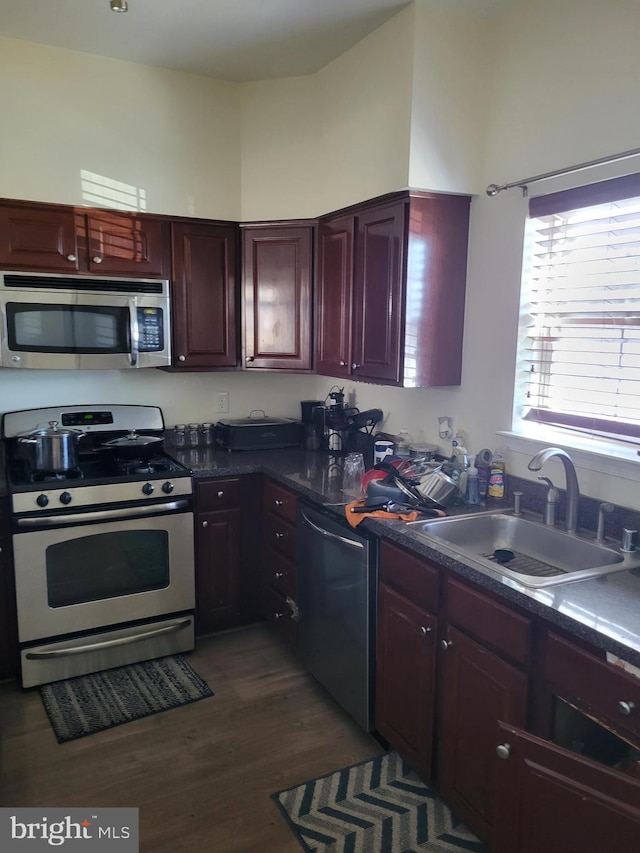 kitchen featuring dark wood-style floors, stainless steel appliances, dark countertops, a sink, and dark brown cabinets