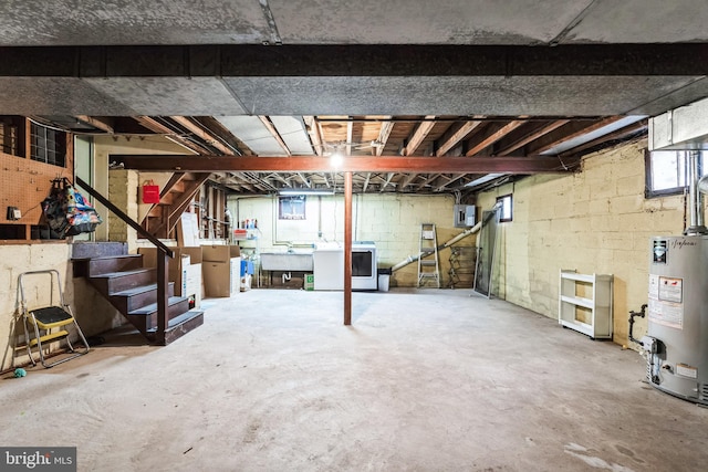 below grade area with water heater, stairway, a sink, washer / dryer, and electric panel