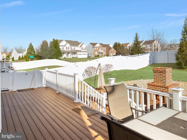 deck featuring a lawn, a fenced backyard, and a residential view