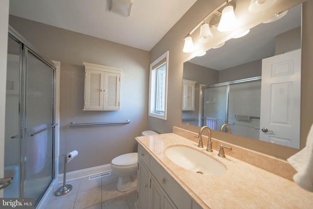 full bathroom with visible vents, toilet, a stall shower, tile patterned flooring, and vanity