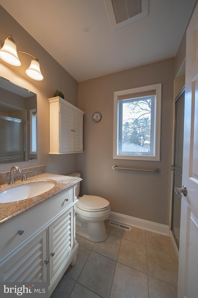 bathroom with tile patterned flooring, visible vents, vanity, and a shower with shower door