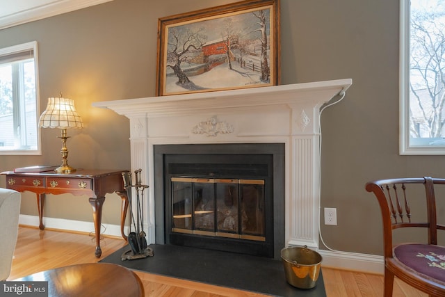 interior details featuring baseboards, a fireplace with flush hearth, and wood finished floors