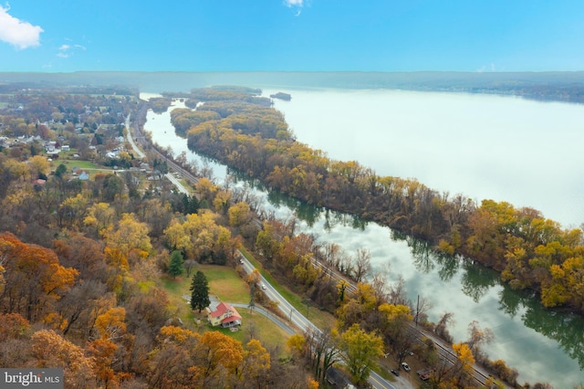 drone / aerial view with a water view and a wooded view