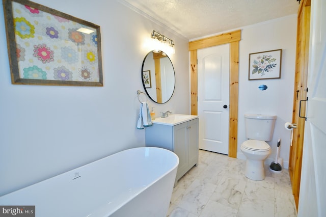 full bath with vanity, a soaking tub, ornamental molding, toilet, and marble finish floor