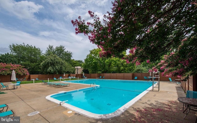 pool with a fenced backyard and a patio area