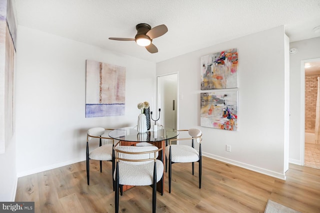 dining room with a textured ceiling, light wood-type flooring, and baseboards