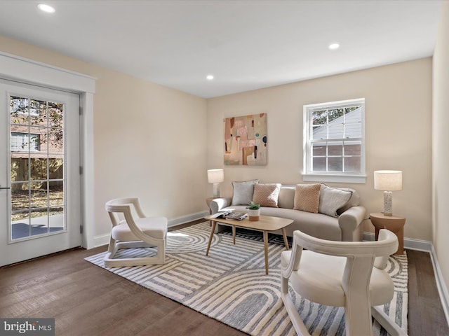 living room featuring baseboards, wood finished floors, and recessed lighting