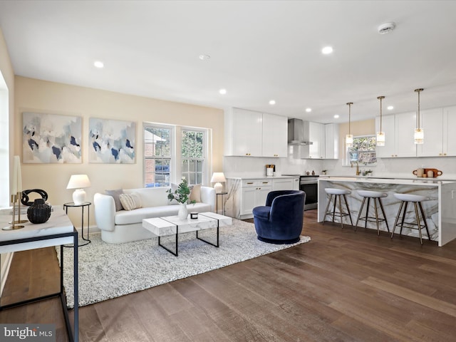 living area with dark wood-type flooring and recessed lighting