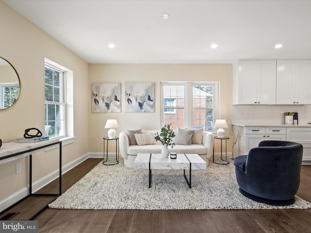 living area featuring baseboards, dark wood finished floors, and recessed lighting