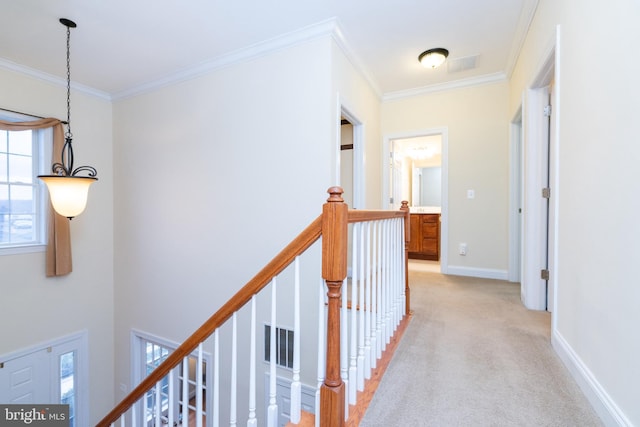 corridor with light carpet, visible vents, an upstairs landing, and crown molding