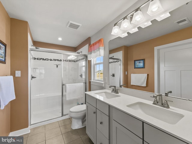 bathroom with tile patterned flooring, a shower stall, visible vents, and a sink