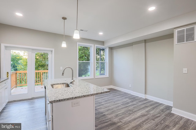 kitchen with dark wood-style floors, a healthy amount of sunlight, a sink, and visible vents