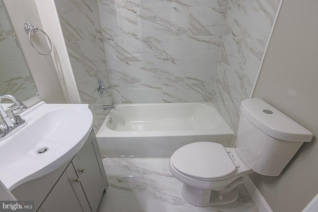 bathroom with marble finish floor, shower / tub combination, vanity, and toilet