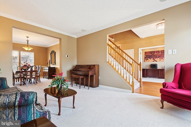 carpeted living room with crown molding and stairs