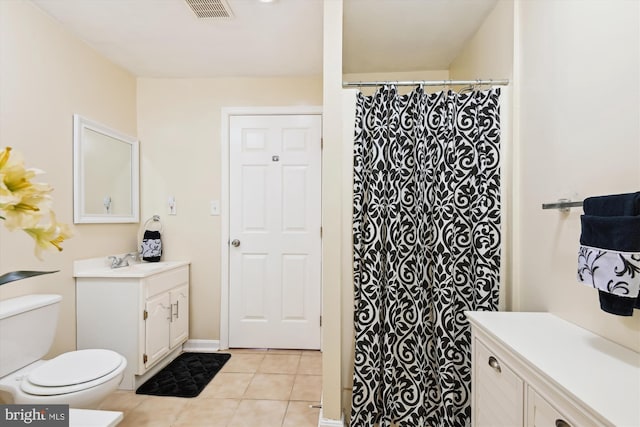 full bath with vanity, a shower with curtain, visible vents, tile patterned flooring, and toilet