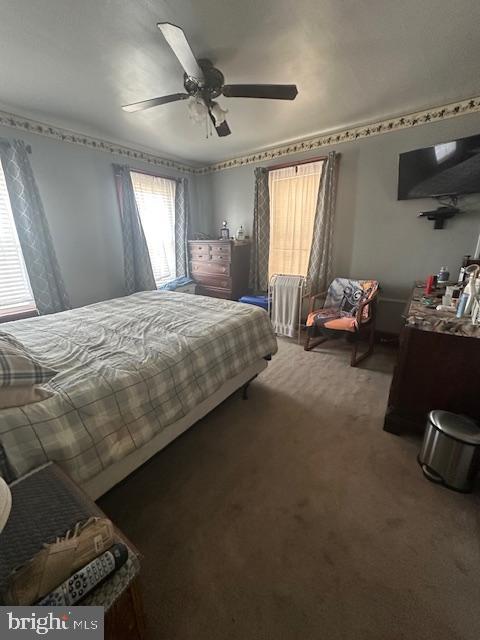 bedroom featuring a ceiling fan and carpet