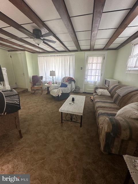 living area with carpet floors, beamed ceiling, and a healthy amount of sunlight