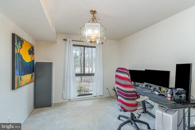 carpeted office featuring a notable chandelier