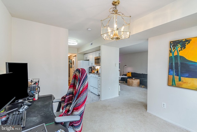 office space with light carpet, visible vents, a chandelier, and baseboards