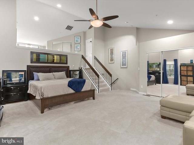 bedroom with recessed lighting, visible vents, a ceiling fan, carpet flooring, and high vaulted ceiling