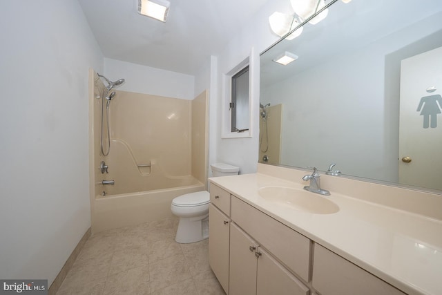 full bathroom with toilet, tile patterned flooring, bathtub / shower combination, and vanity