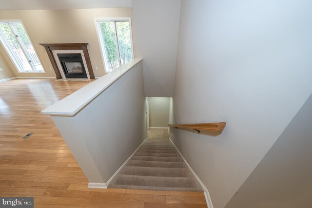 staircase featuring a fireplace with flush hearth, wood finished floors, and baseboards