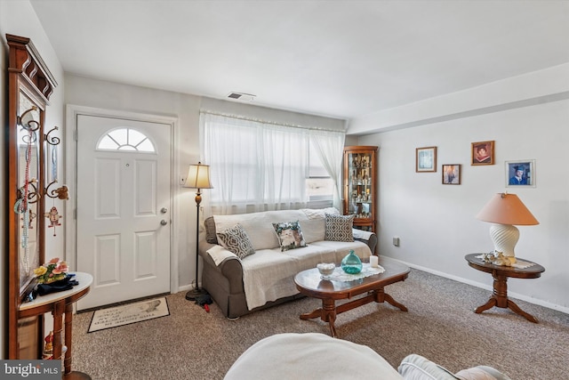 carpeted living area with baseboards, visible vents, and a wealth of natural light