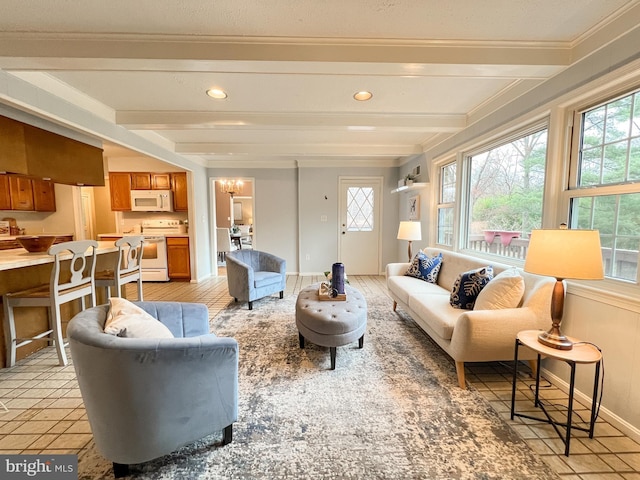 living room featuring beam ceiling, recessed lighting, and baseboards