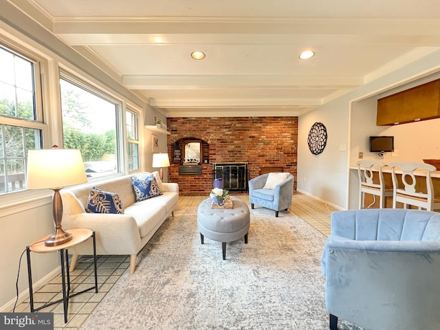 tiled living area with beamed ceiling, recessed lighting, a fireplace, and baseboards