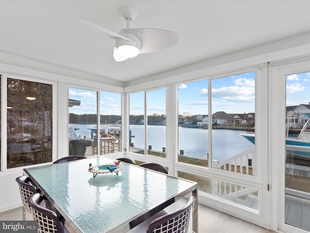 sunroom / solarium with a ceiling fan and a water view