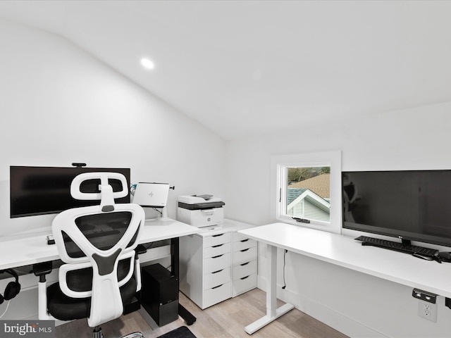 office area with light wood-style floors, lofted ceiling, and recessed lighting