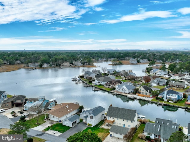 aerial view featuring a water view and a residential view