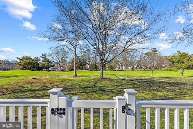 view of yard with a fenced front yard and a gate