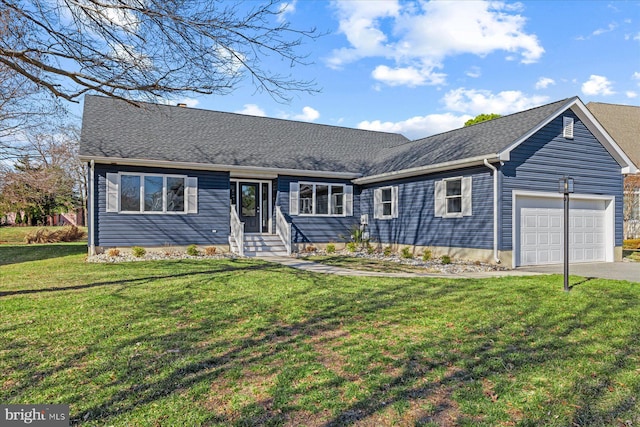 view of front facade featuring a garage, driveway, a front lawn, and roof with shingles