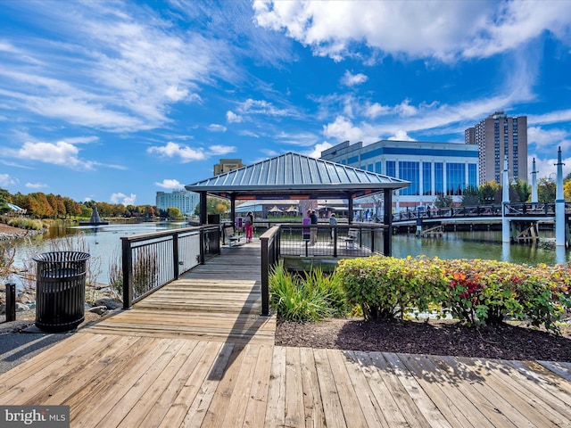 dock area featuring a water view and a gazebo