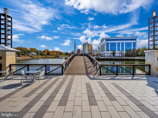 exterior space with a water view