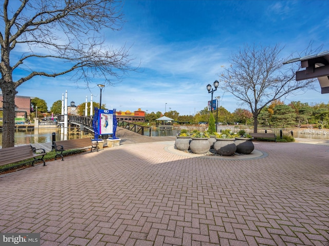 view of community with a dock