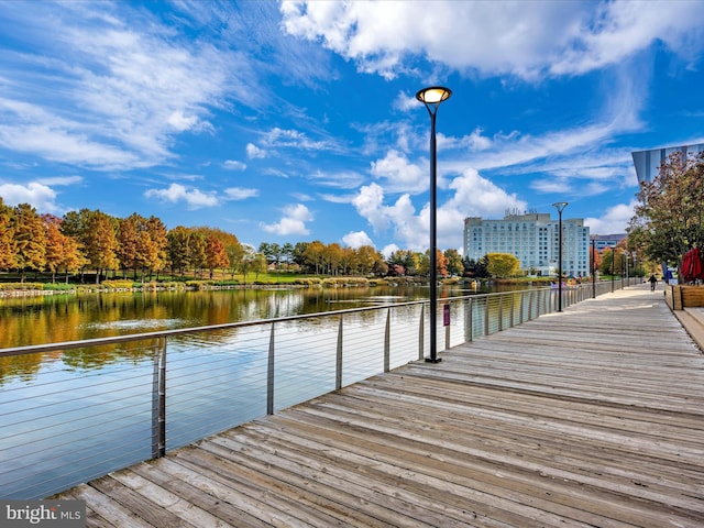 view of dock with a water view