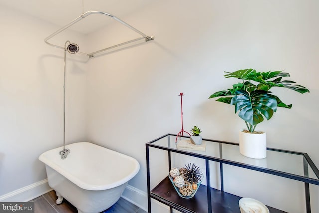 bathroom with a freestanding tub, baseboards, and wood finished floors