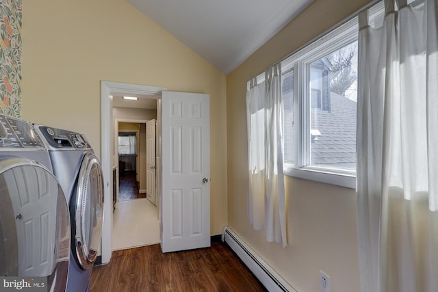 laundry room with dark wood-style floors, laundry area, and washing machine and clothes dryer